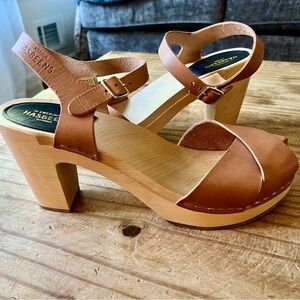Swedish Hasbeens Merci Clog Sandals Leather Brown Tan Wood Heel Size 11